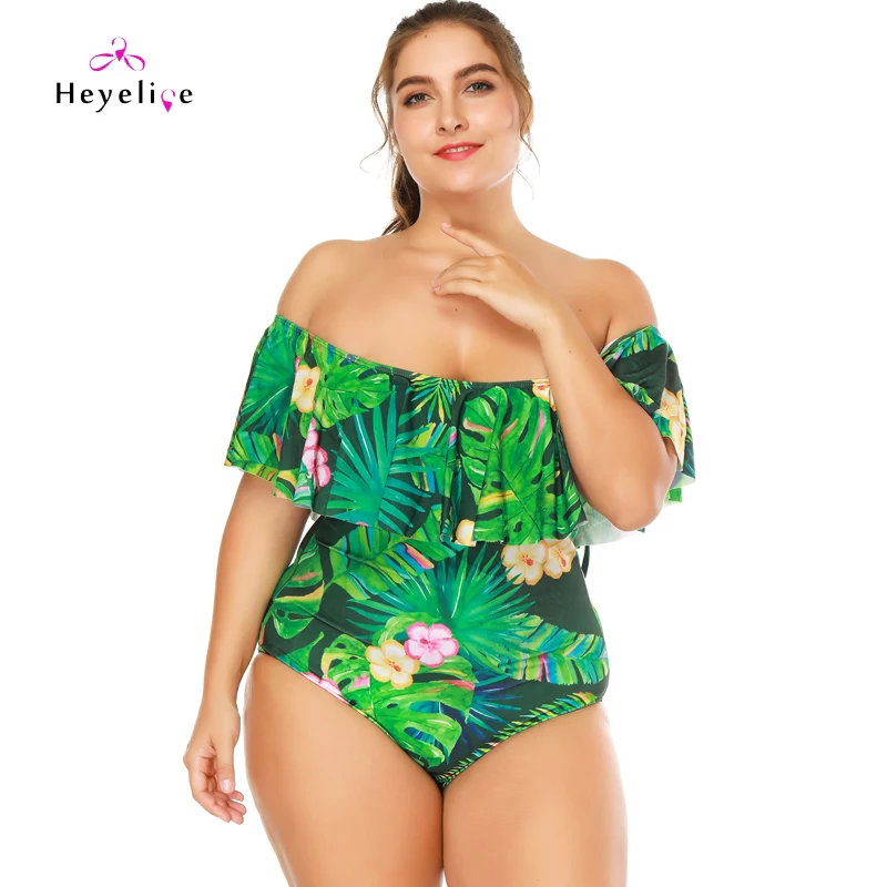 Новые купальники с принтом плюс размер женские открытыми плечами Цельный