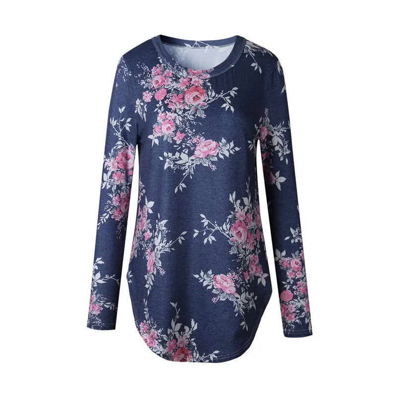 2018 Осень Длинные рукава футболка женская с цветочным принтом дамы хлопок o
