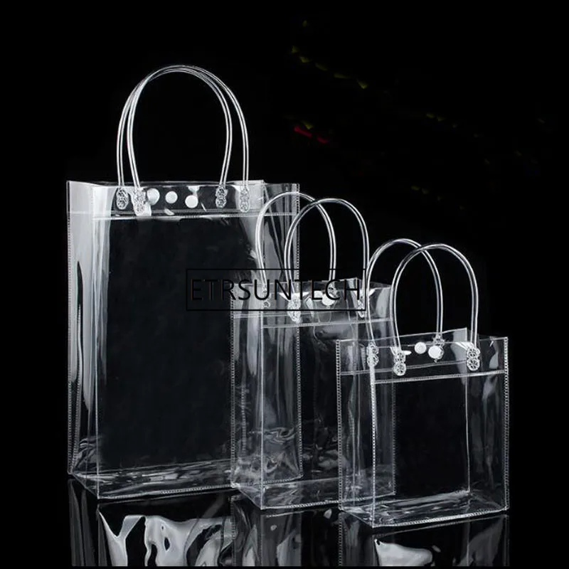 

PVC Plastic Gift Bags With Handles Wine Packaging Bags Clear Handbag Party Favors Bag With Button 200pcs