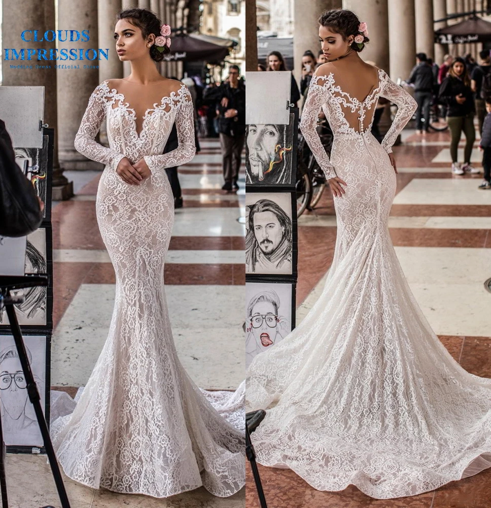 Сексуальное свадебное платье русалки с длинным рукавом 2019 кружевное v образным