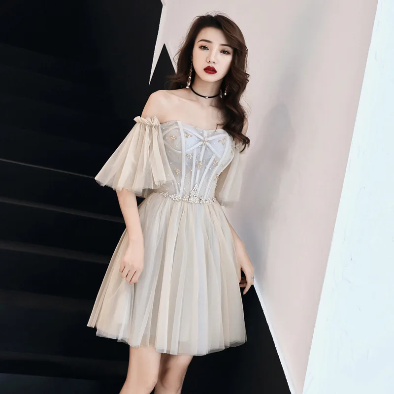 Rhinestone Exquisite Women Mesh Dress Elegant Bride Wedding Party Cheongsam Flare Sleeve Retro Gown Off Shoulder Robe De Soiree
