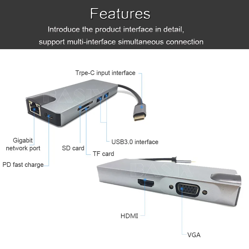 Basix USB C концентратор type c к HDMI VGA Gigabit Ethernet Lan RJ45 адаптер для Macbook Pro 2018 3 0 PD Порты и