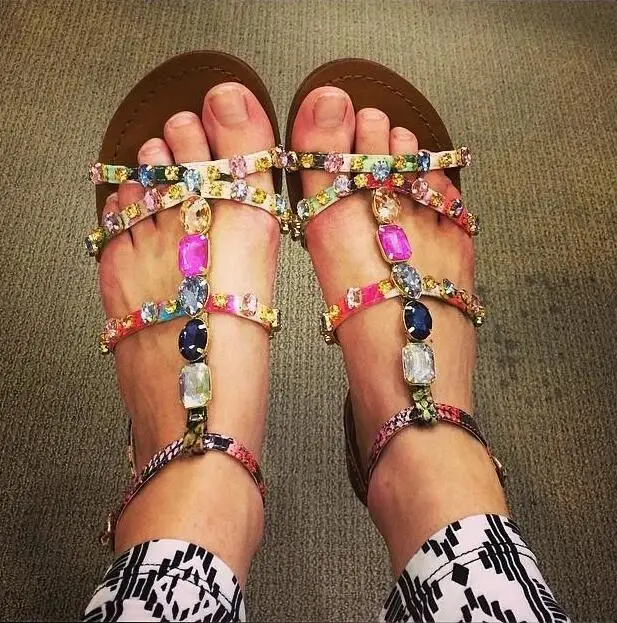 2018 мульти Цвет Кристалл Для женщин без каблука Сандалии для девочек смешанные