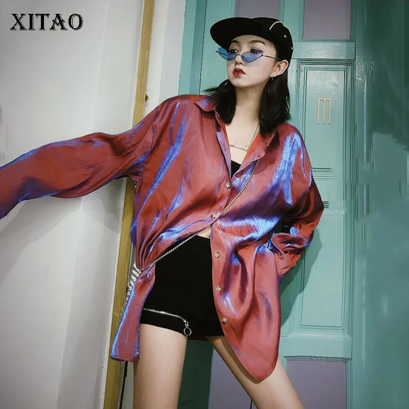 red WLD2380 XITAO, женская блузка размера плюс, модная, новинка, отложной воротник, однобортная, дикая Джокер, длинная, повседневная,, осенняя рубашка WLD2380 - Цвет: red WLD2380