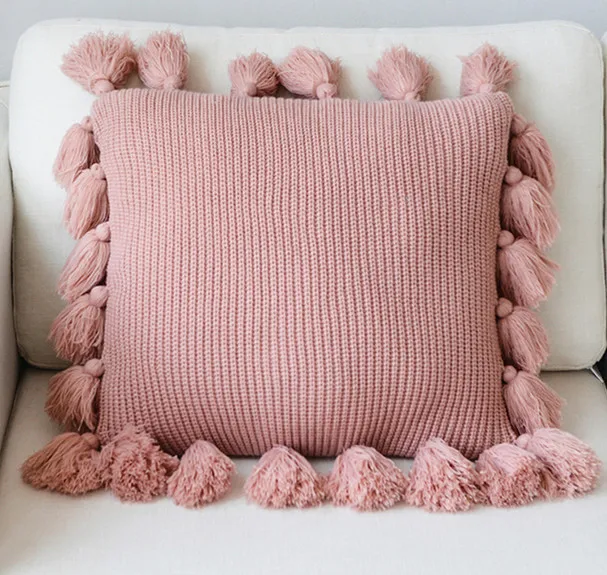 Knitted Cushion Cover Solid Pink Beige Grey Nordic Style Pillow Case With Tassle For Sofa Bed Room Home Decorative 45*45cm - Цвет: pink