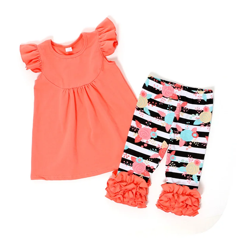 2017 Kids Clothing Set Peach Sprint Girls Clothing Set Summer Children Girls Ruffle Boutique Outfits Girls Ruffle Capris Suit