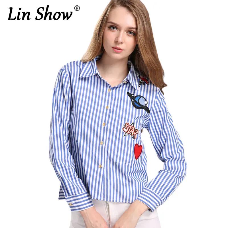 Linshow мультфильм вышивка Синий Полосатый Женщины блузка кнопки Карманы с длинным