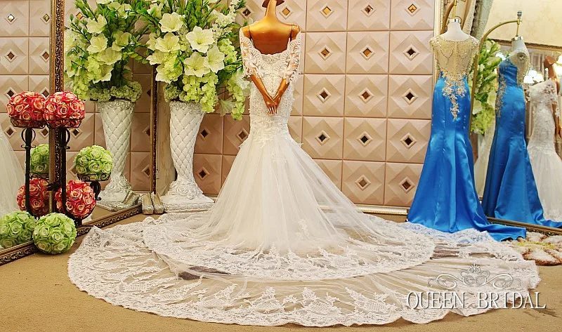 Mermaid wedding dresses 2021 lace applique beaded chapel train brdal gown vestido de noiva  luxo Custom made H62
