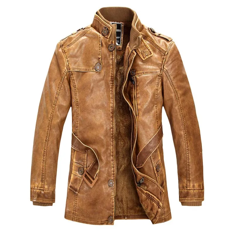 Fashion Men Jacket PU Leather MID-Length Warm Fleece Windproof Cardigan Military Style Male Coats Man Clothing Big Size M-4XL