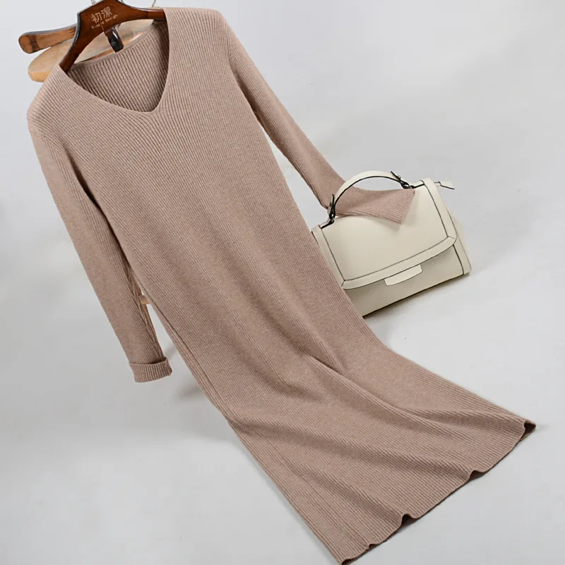 Женское вязаное платье с v образным вырезом длинное свитер в Вертикальную