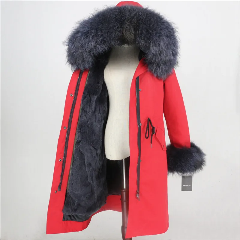 red grey OFTBUY, водонепроницаемая верхняя одежда, удлиненная парка, зимняя куртка для женщин, натуральный мех енота, капюшон, пальто из натурального кроличьего меха, теплая уличная одежда, новинка - Цвет: red grey