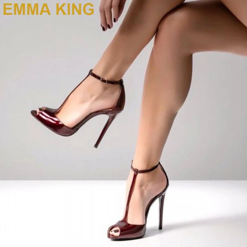 

Burgundy Patent Leather Peep Toe Pumps Women T Strap High Heels Shoes 10CM 12CM Stilettos Wedding Party Shoes Woman