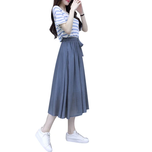 

2019 Vintage A-line 2 Pcs Set High Waist Bow Brief Summer Set Women Korean Loose Casual Striped Fashion Twinset