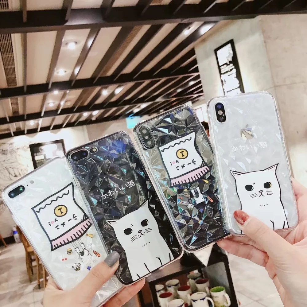 ZMASI Geometric Diamond Clear Phone Case for iPhone X 6 6S 7 8 Plus Cute White Cat Rhombus Series Cover Coque |
