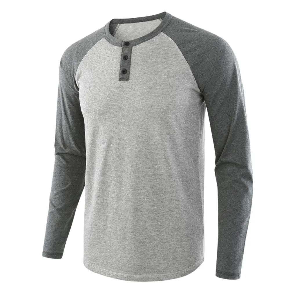 New men's solid color stitching casual long-sleeved t-shirt tops long sleeve men and women round neck shirt | Мужская одежда