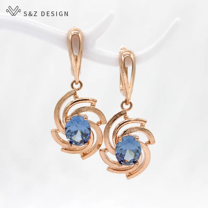 S&ampZ New Spiral 585 Rose Gold Color AAA Cubic Zirconia Earrings Hook Korean For Women Fashion Jewelry Anti-allergy Eardrop | Украшения и