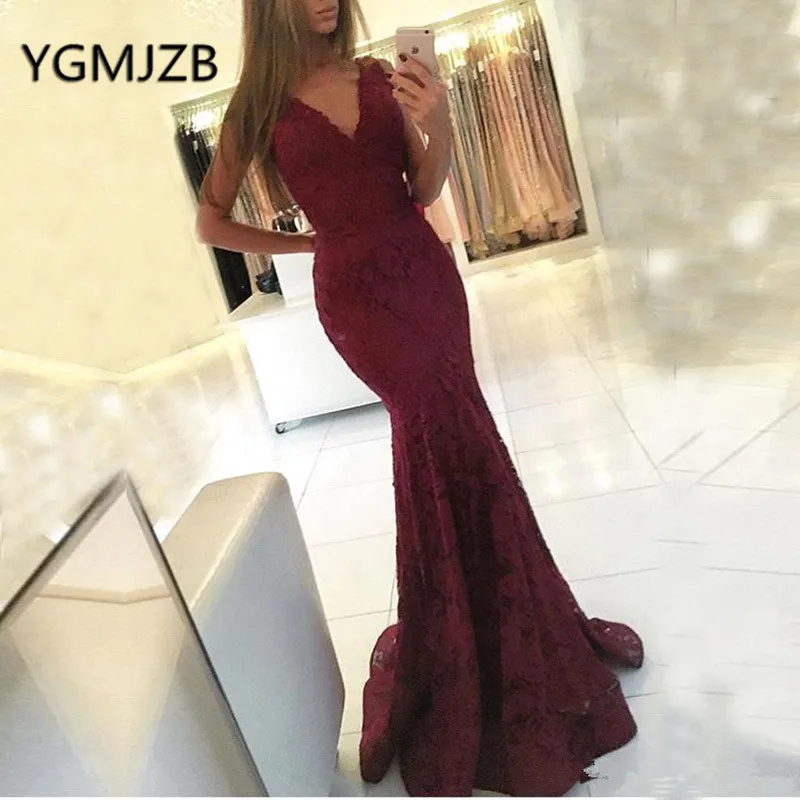 

Robe De Soiree 2019 Burgundy Lace Long Evening Dresses Mermaid V-neck Dubai Saudi Arabic Women Formal Party Dress Prom Gown