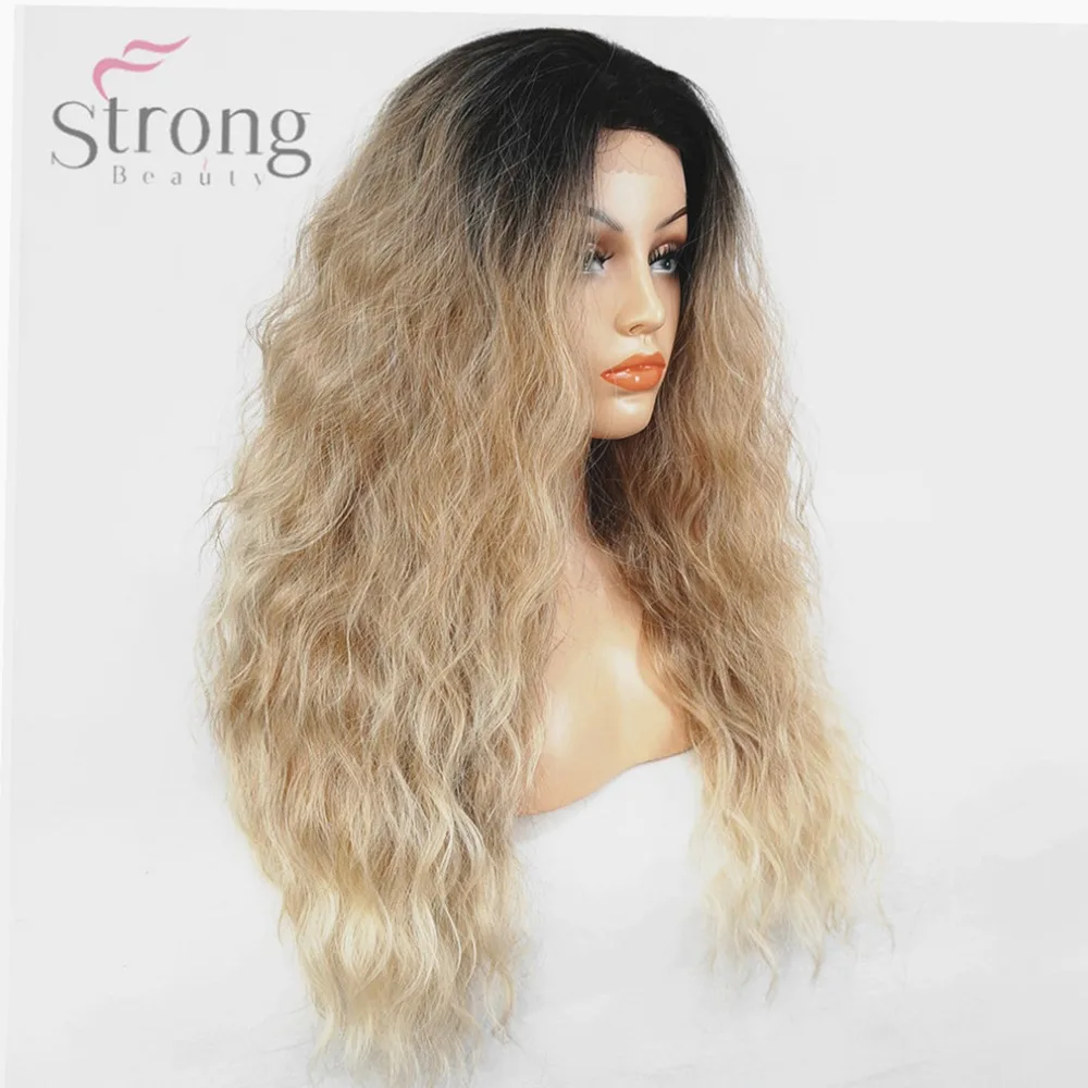 StrongBeauty Women's Lace Front Wig Ombre Hair Synthetic Hair Long Fluffy Natural Wavy Dark Root Wigs
