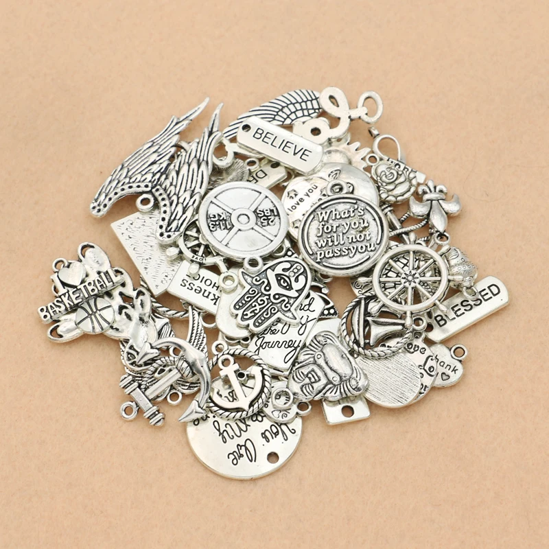 50 шт./лот Смешанные тибетские Посеребренные сердца Ангел Подвески Ювелирные