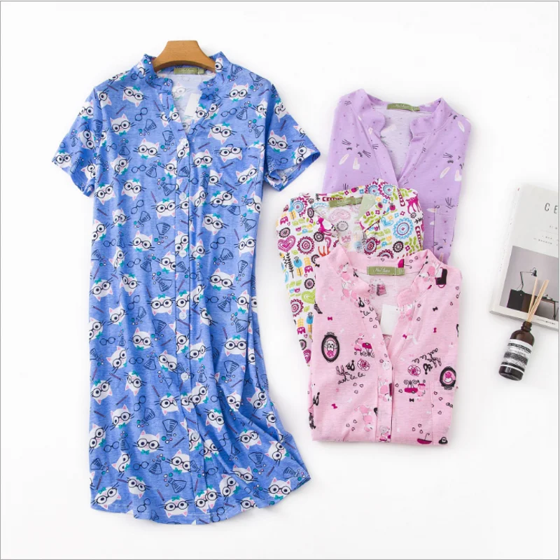 Женская Повседневная Ночная рубашка из 100% хлопка с коротким рукавом и v образным