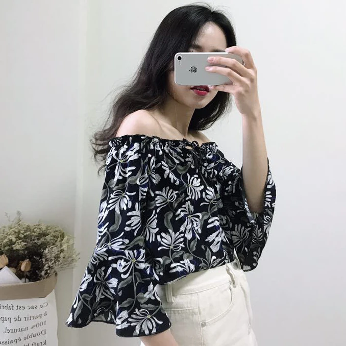 ladies tops autumn off shoulder blouse plus size blusas femininas elegante floral printing chiffon Flare Sleeve korean clothing |