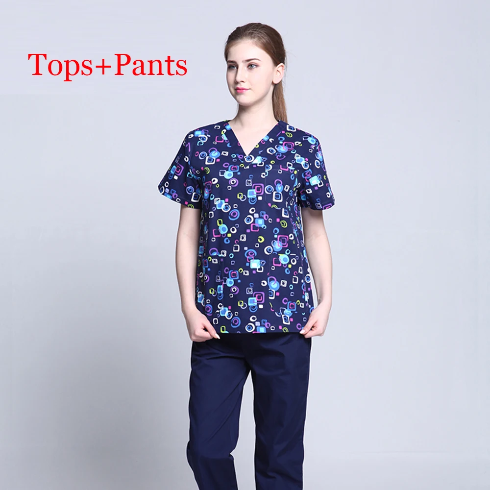 Women Tops Pants Синий геометрический принт скраб набор с коротким рукавом(Pet) Униформа доктора медсестры Больница Медицинский Салон красоты хирургическая Рабочая одежда - Цвет: Women Tops Pants