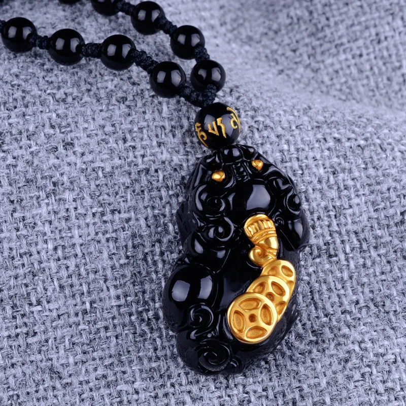 Мифическое дикое животное подвеска с покрытием 18 k Jin Tianran обсидиан пары золото