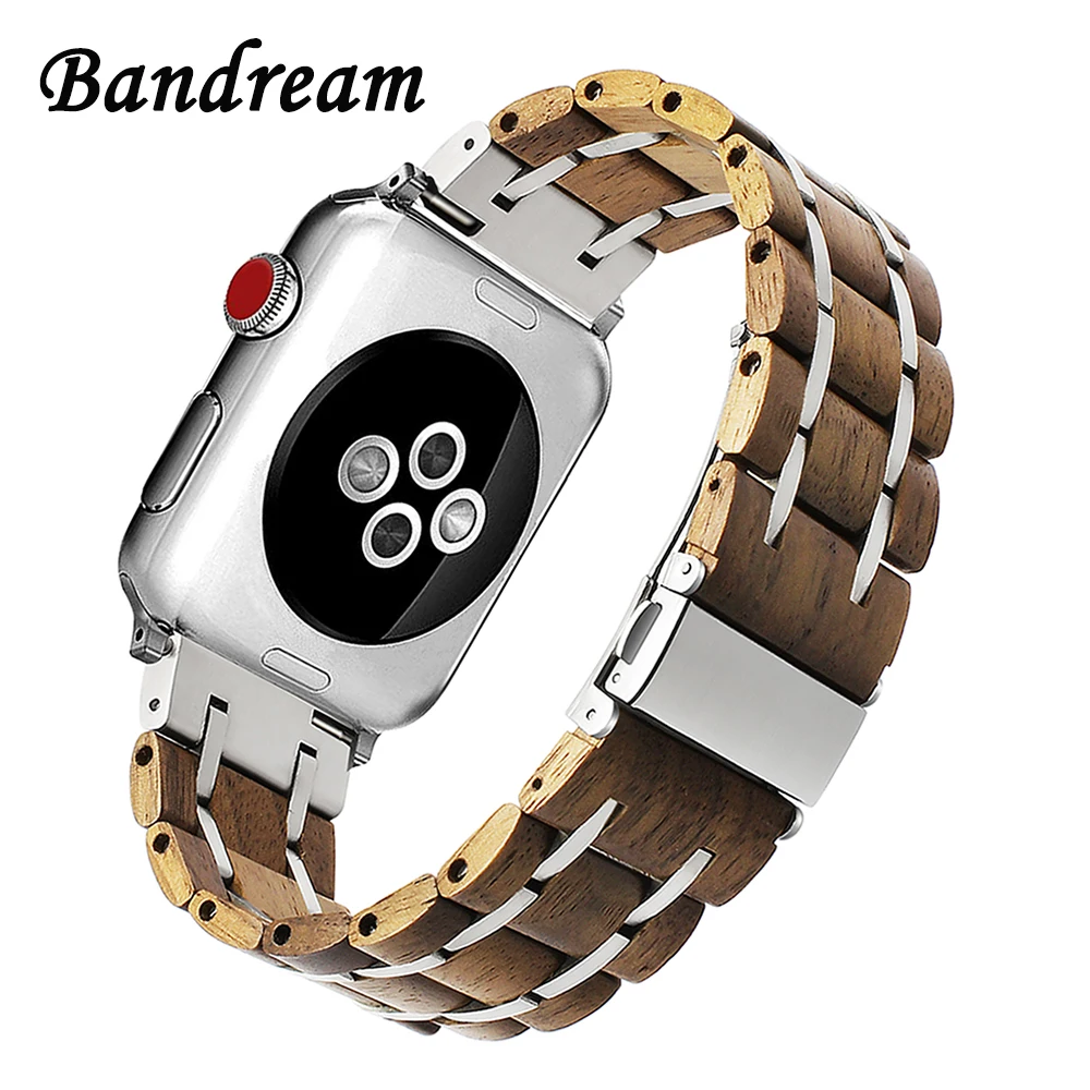 

Genuine Wood & Stainless Steel Watchband for iWatch Apple Watch 38/40/42/44mm Series 5 4 3 2 1 Sandalwood Band Link Strap Belt
