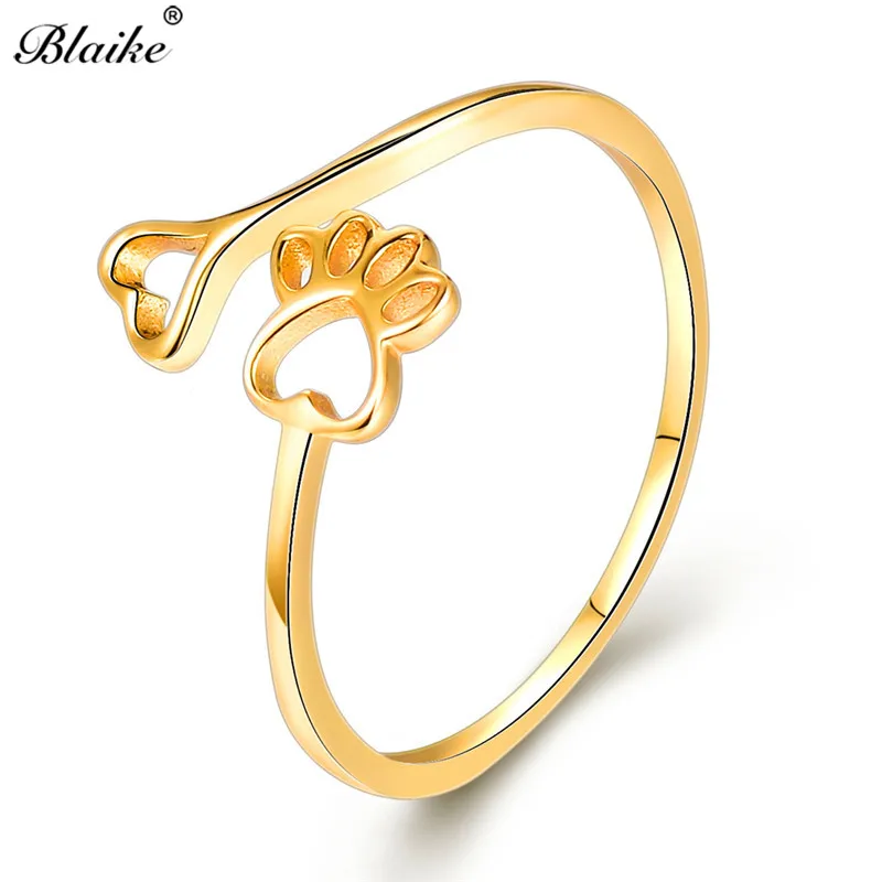 Blaike 925 Sterling Silver Ring Cat Bear Dog Paw Rings For Women Minimalist Cute Animal Claws Heart Thin Ring Fine Jewelry - Цвет камня: Yellow Gold Ring