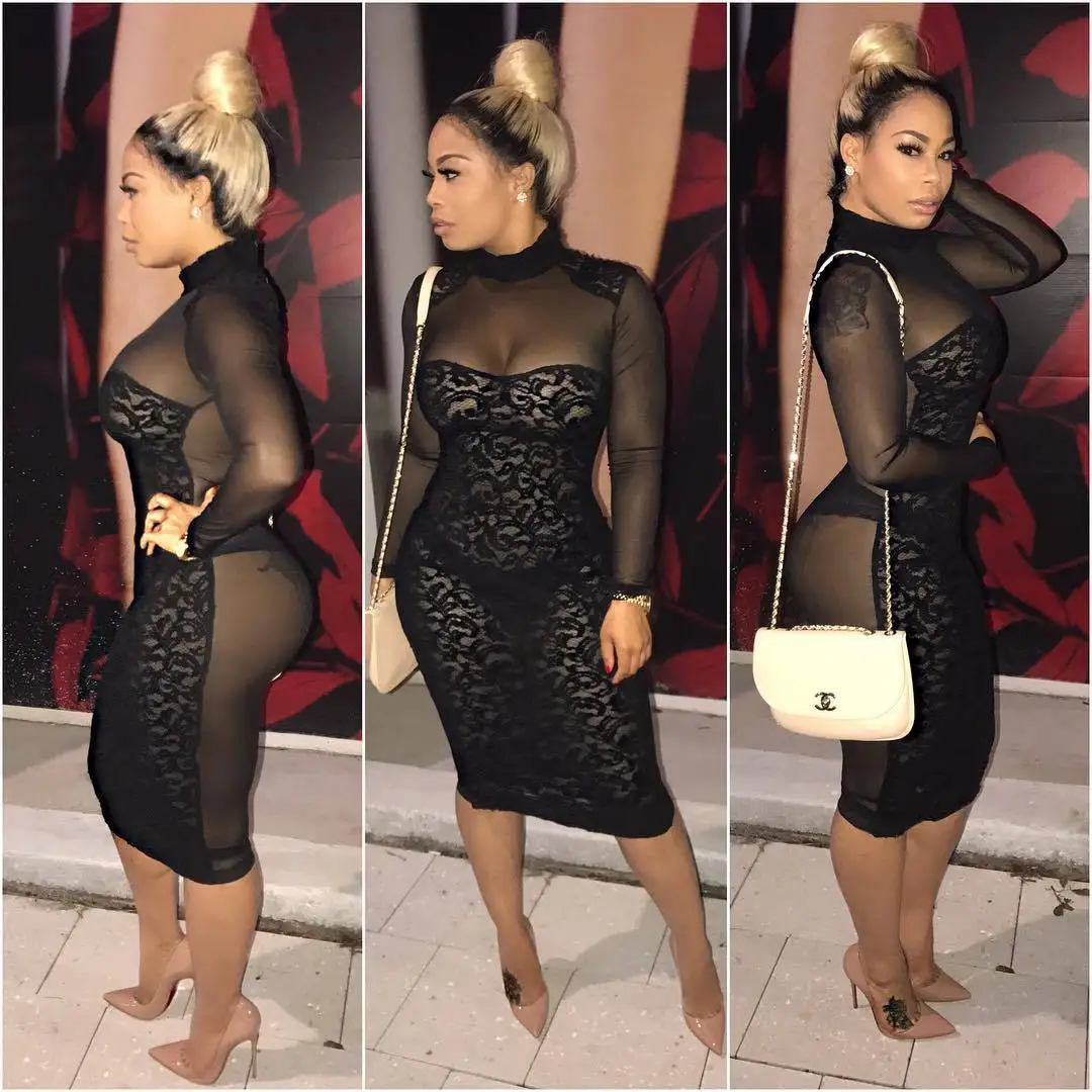 Женское Сетчатое платье черное облегающее до колена с длинным рукавом|Женские