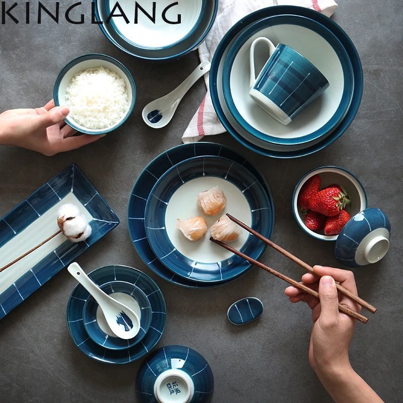 KINGLANG, японский ресторан, серия HENGFENG, голубой и белый керамический фарфоровый набор посуды, набор тарелок с зарядкой, набор посуды