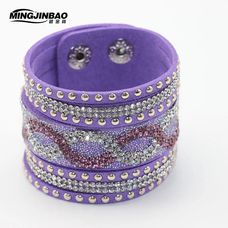 Модные кожаные Обёрточная Бумага Браслет манжета Punk кристалл горный хрусталь