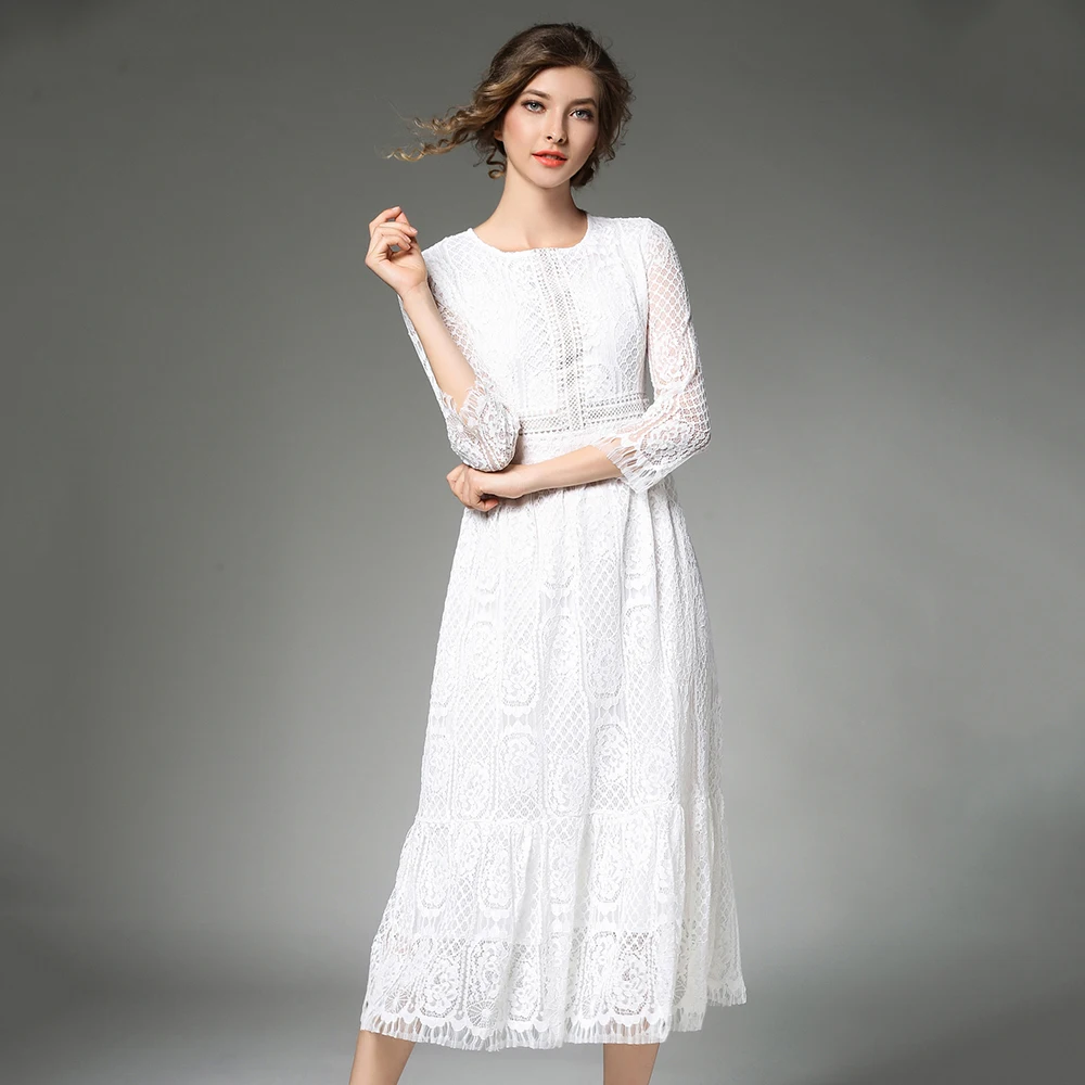 Белые кружевные платья для женщин, с высокой талией, Vestido Mujer, с круглым вырезом, платье в стиле пэчворк, большие размеры, 3/4 рукав, халат, N618