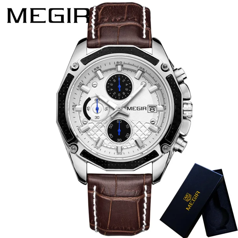 ME201502 with box MEGIR часы мужские водонепроницаемые Хронограф военные мужские часы лучший бренд класса люкс Натуральная кожа деловые мужские спортивные наручные часы 2028 - Цвет: ME201502 with box