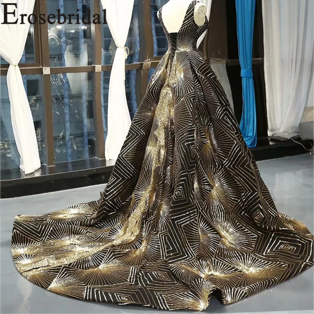 Женское вечернее платье со шлейфом Erosebridal золотистое длинное трапециевидной