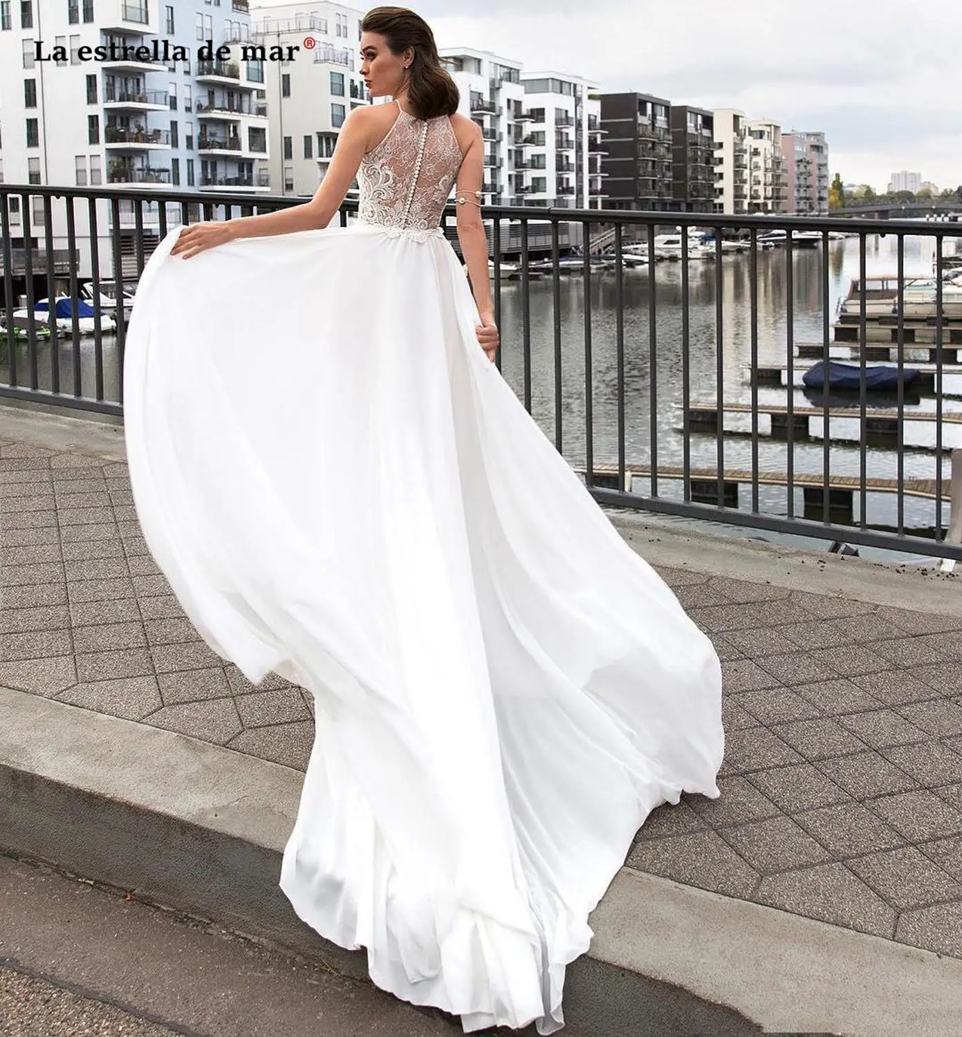 

Chiffon Boho Wedding Dresses Lace Appliques A Line Cheap Beach Bridal Gowns Sweep Train Jewel Neck Bohemian Dress abiti da