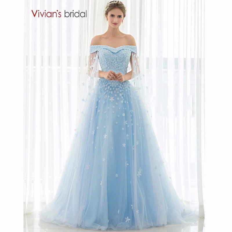 Vivian's Bridal синее свадебное платье 2016 Цветок без шнурка Кружева Тюль A Line