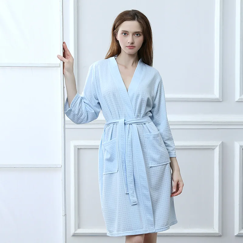 Light blue Women Для мужчин и женщин, летнее кимоно, банный халат, сосут воду, мужской халат, сексуальный трикотажный вафельный спа Халат, мужской Одноцветный Халат - Цвет: Light blue Women