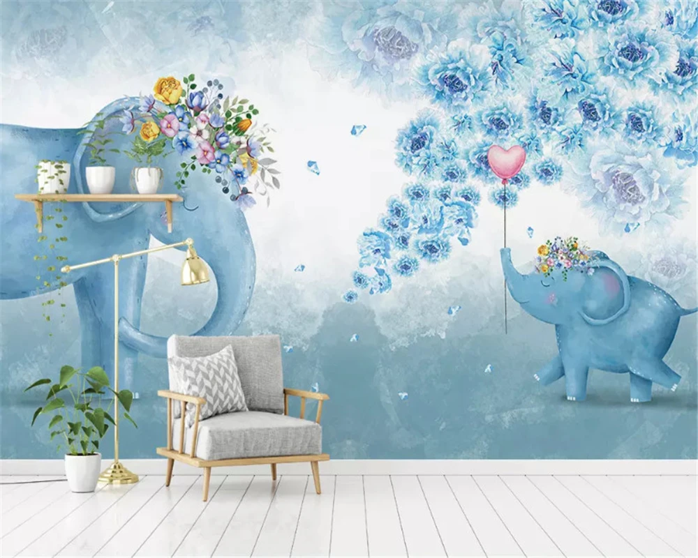 

beibehang Custom size Nordic hand-painted elephant flower children's bedroom TV background papel de parede 3d wallpaper behang
