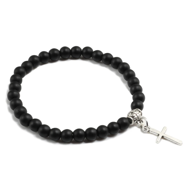 Matte Black Модный мужской браслет из натурального камня, матовый черный крест, браслеты из бисера, женские браслеты для йоги, цепь для пары, ювелирные изделия, подарки - Окраска металла: Matte Black