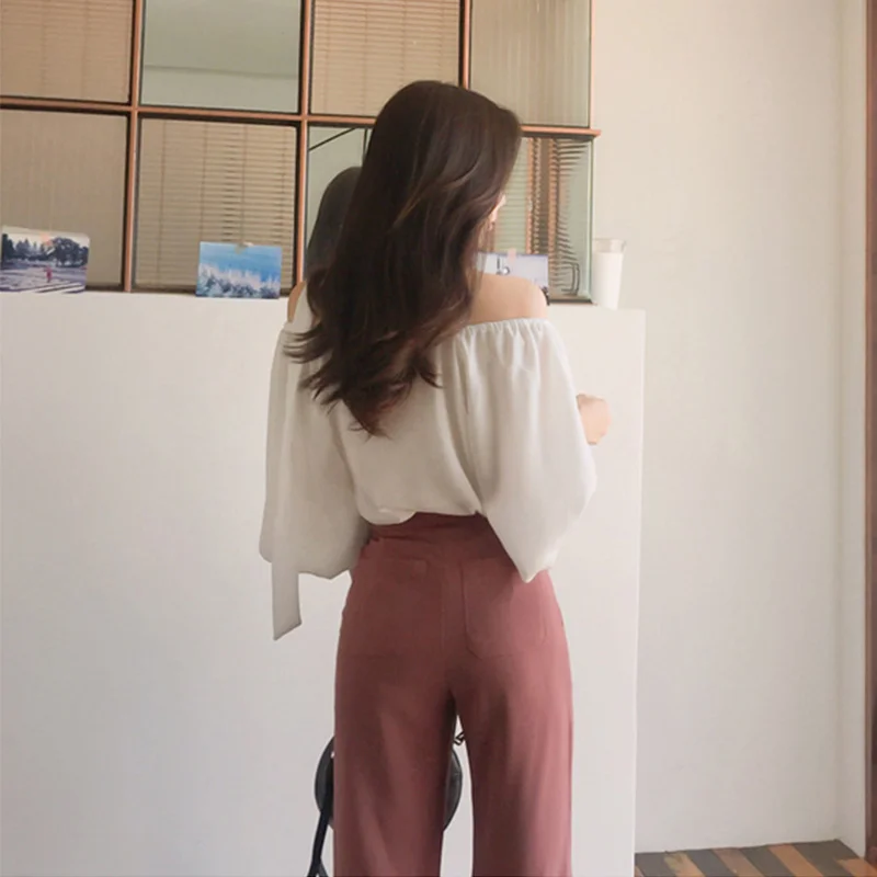 Spring Office Ladies 2 Pieces Set Lantern Sleeve White Blouse + Full Flare Pant Female Suits Elegant Wear to Work Women | Женская одежда