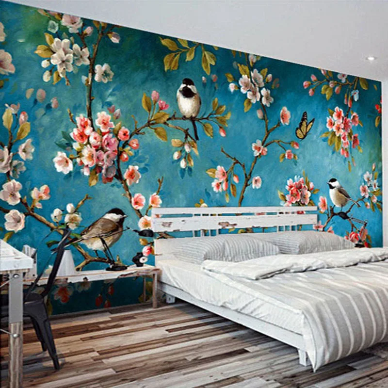 Custom Wall Cloth European Style Flowers Birds Oil Painting Wallpaper Living Room Bedroom Background Covering 3D Home Decor |