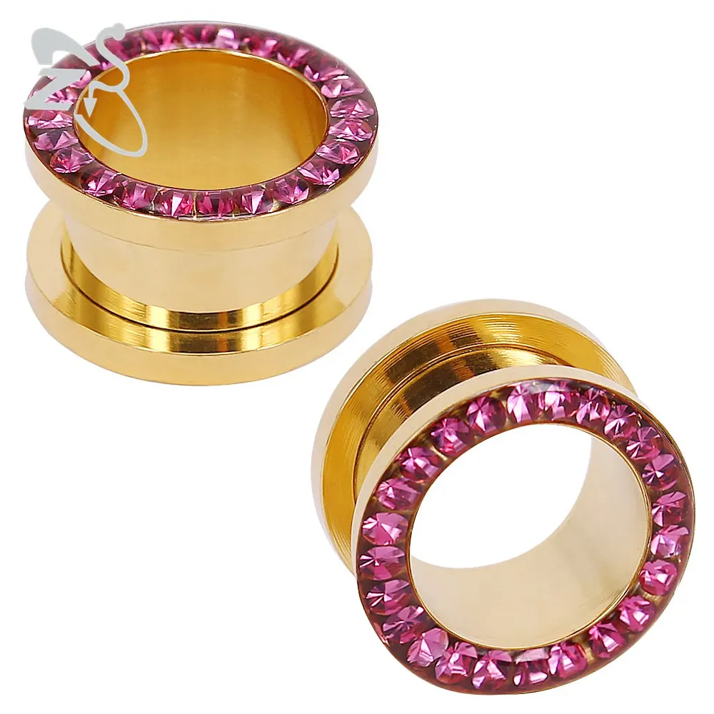 gold pink CZ кристалл классическая Ушная шина 2 цвета 316L серьги из нержавеющей стали пирсинг свежий ушной Туннель Носилки тела пирсинг ювелирные изделия - Окраска металла: gold pink