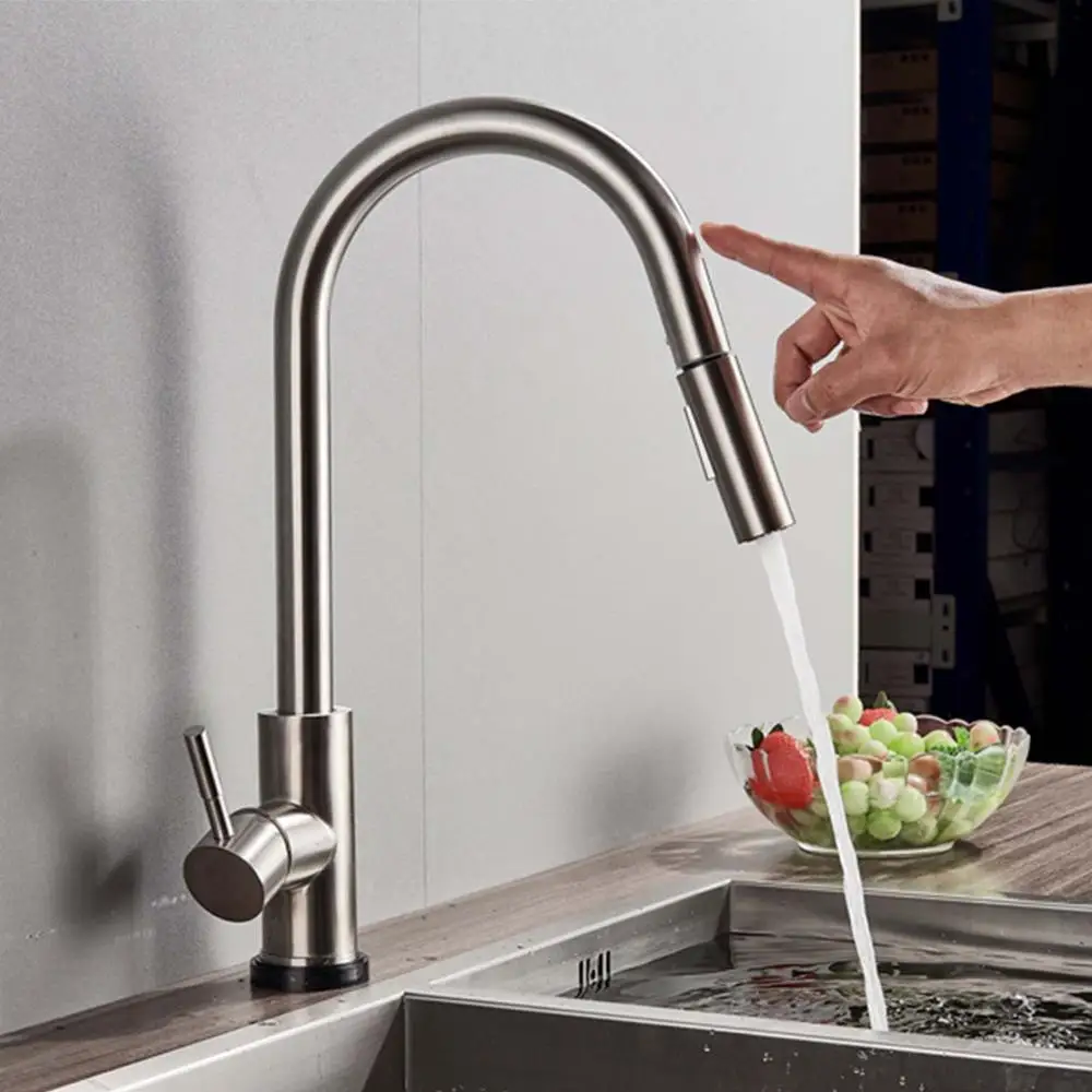 Brushed Nickel A POIQIHY матовый золотой сенсорный кухонный кран выдвижной на бортике с датчиком вращения на 360 градусов, смеситель для холодной и горячей воды, аккумулятор - Цвет: Brushed Nickel A