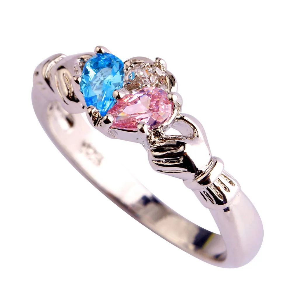 Женское кольцо с фианитом lingmei Claddagh серебряное белого красного и синего цвета
