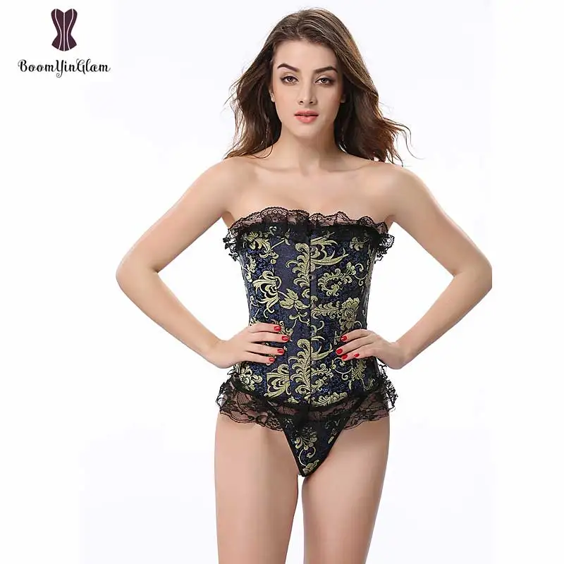 Lace Up Gold Corset Overbust Plus Size Corsets Elastic Bone Waist Slimming Cincher Sexy Outfit Front Clasp Bustier Floral Korset|Бюстье и