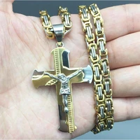 jesus cross pendant necklace stainless steel men jewelry byzantine link chain poplular christian colar sliver gold color cpn806
