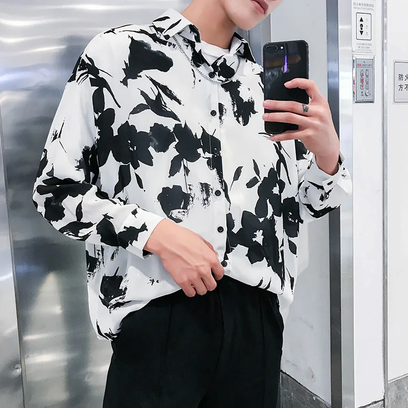 

Mens Flower Printed Long Sleeve Shirts 2019 Male Vintage Casual Tie Dye Hawaiian Shirt Black White