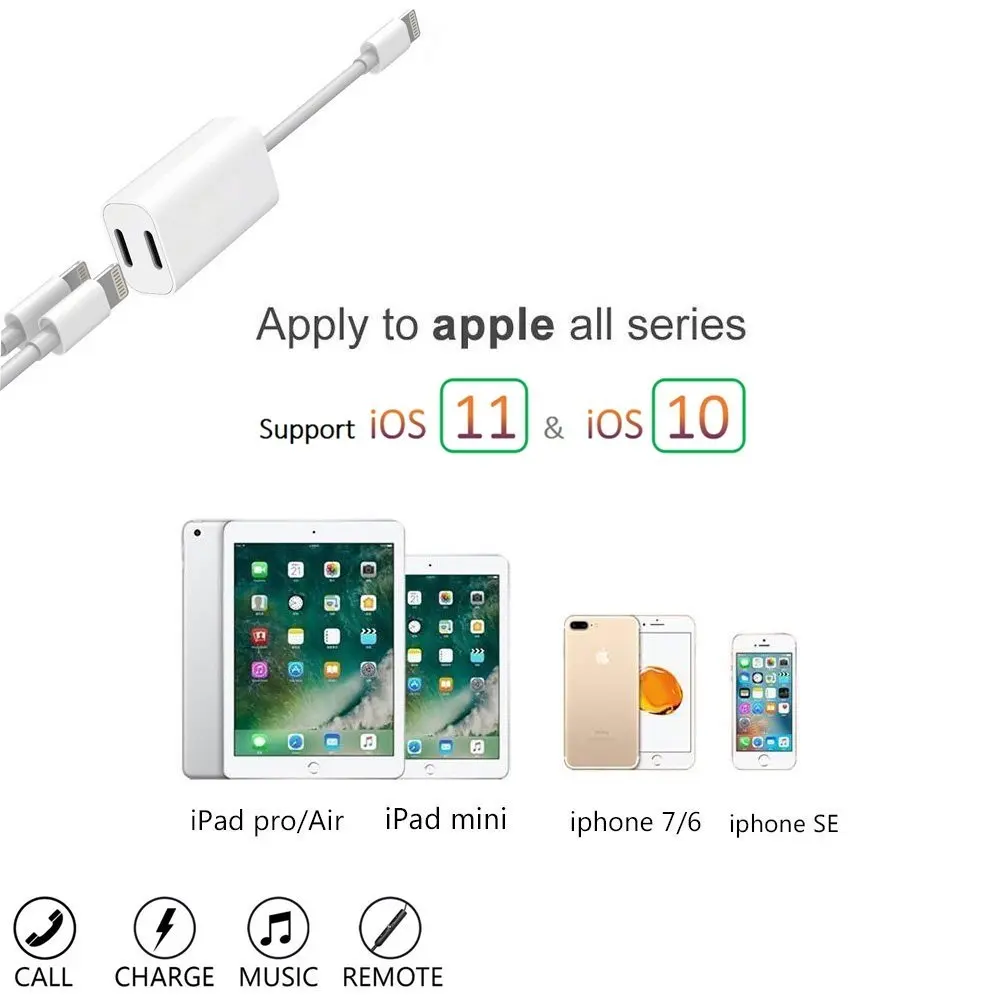 Адаптер FOXSUN Dual для Lightning аудиоразъем наушников и разветвитель зарядки iPhone X/ 8/7