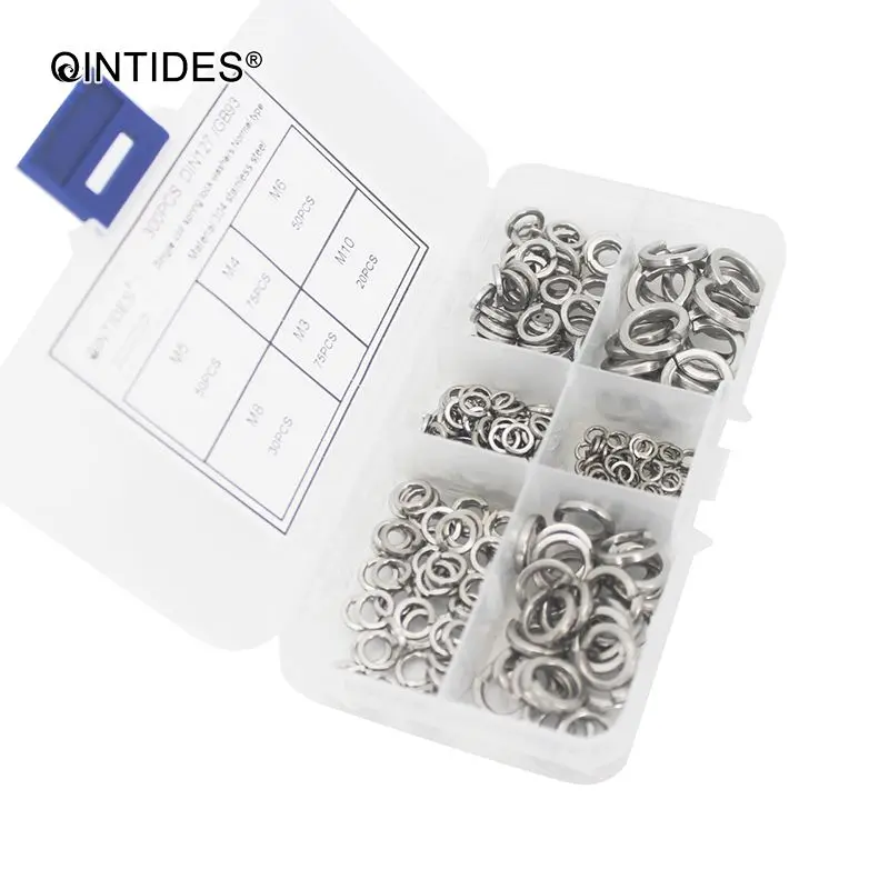 QINTIDES 300 шт./компл. M3 M4 M5 M6 M8 M10 смешанные одиночные катушки пружинные шайбы обычный